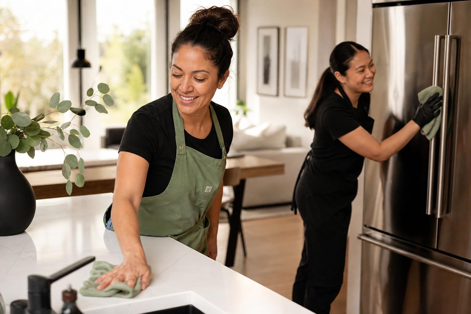 Two Regrow cleaners actively wiping a kitchen counter and stainless refrigerator in a sunlit Hillsboro home